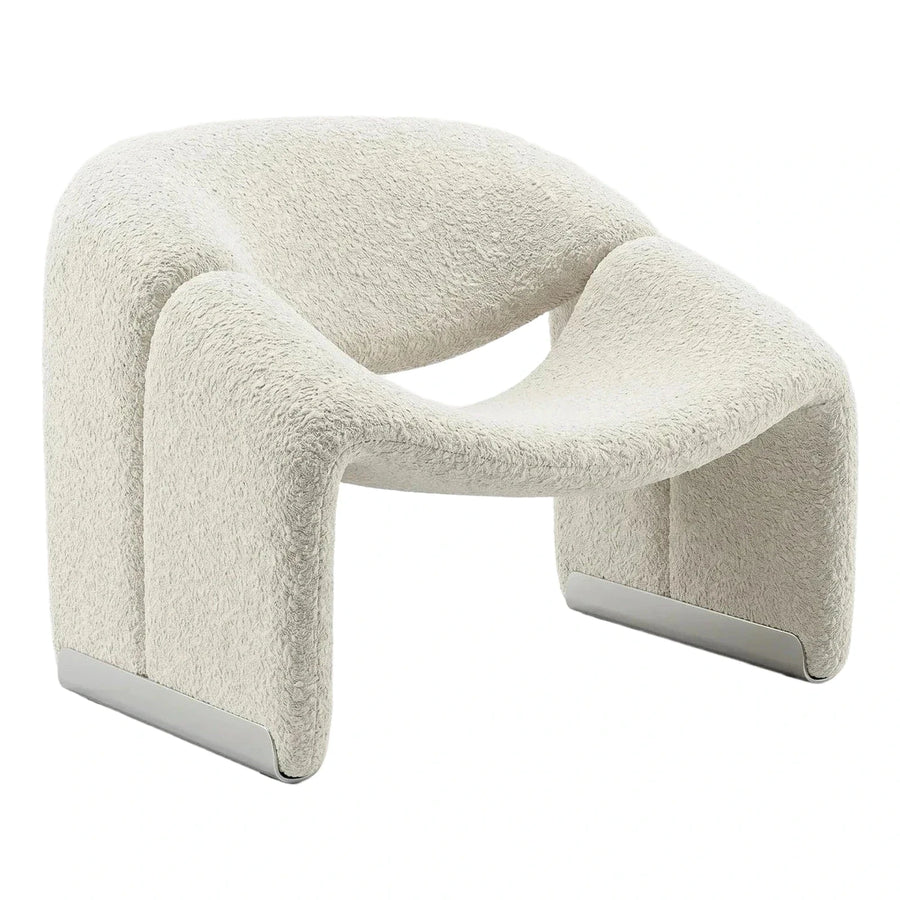 Cream Boucle Sculptural Lounge Chair with Metal Base