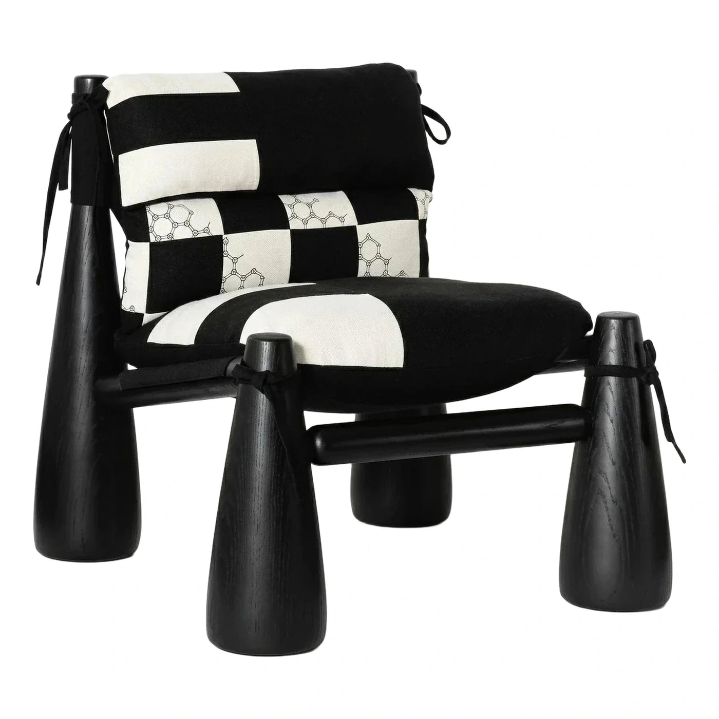 Modern Black Wood Lounge Chair with Graphic Cushions
