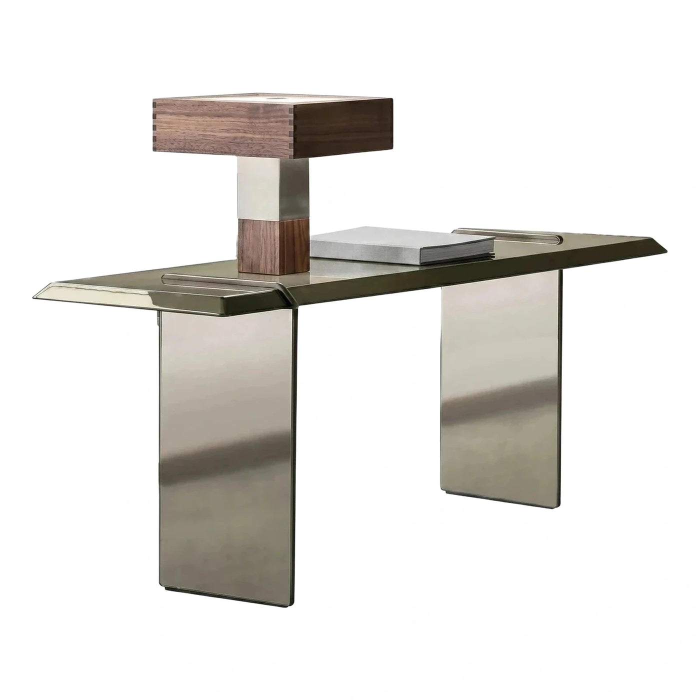 Modern Metal Desk with Wooden Accent Lamp