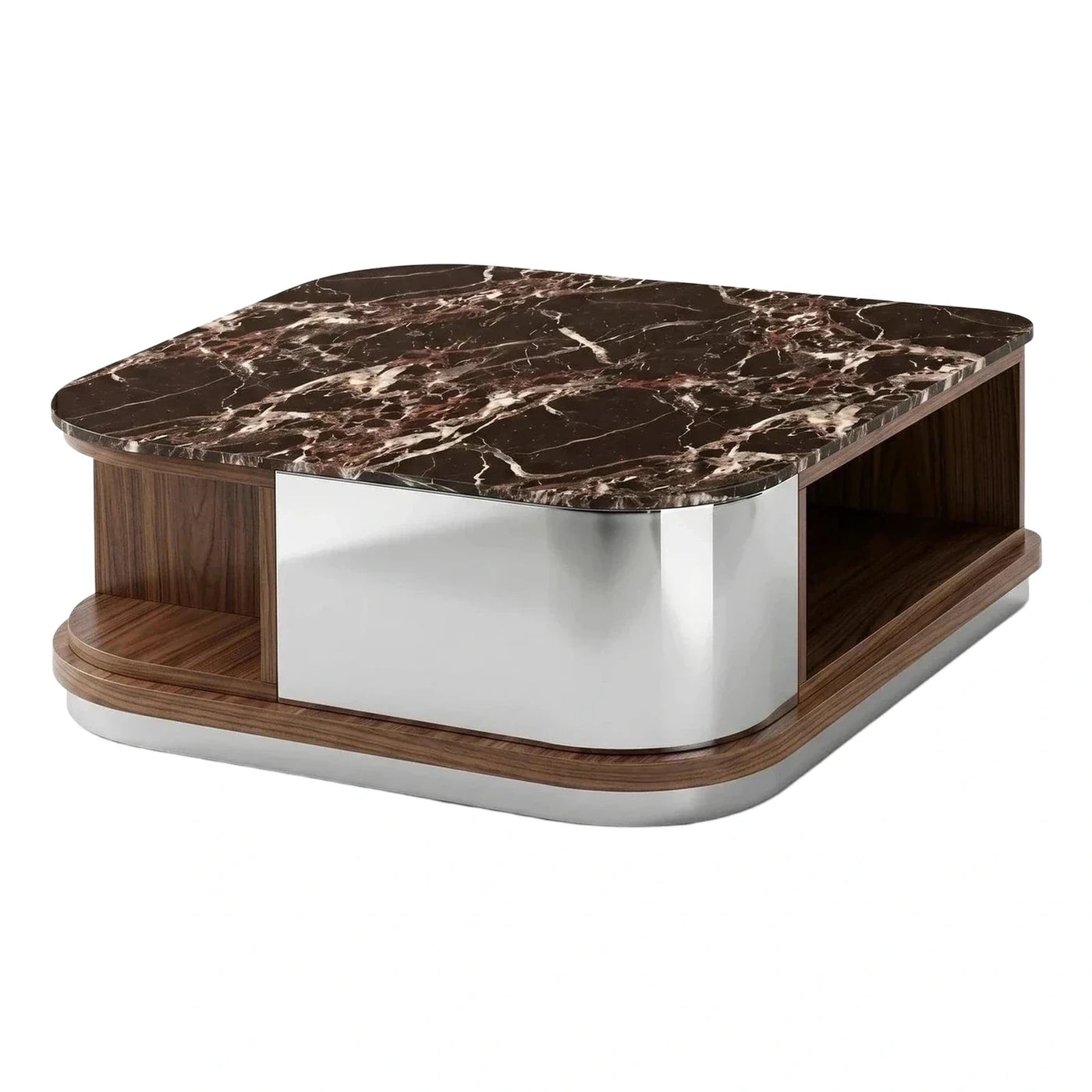 Modern Dark Marble Coffee Table with Silver Metal Base