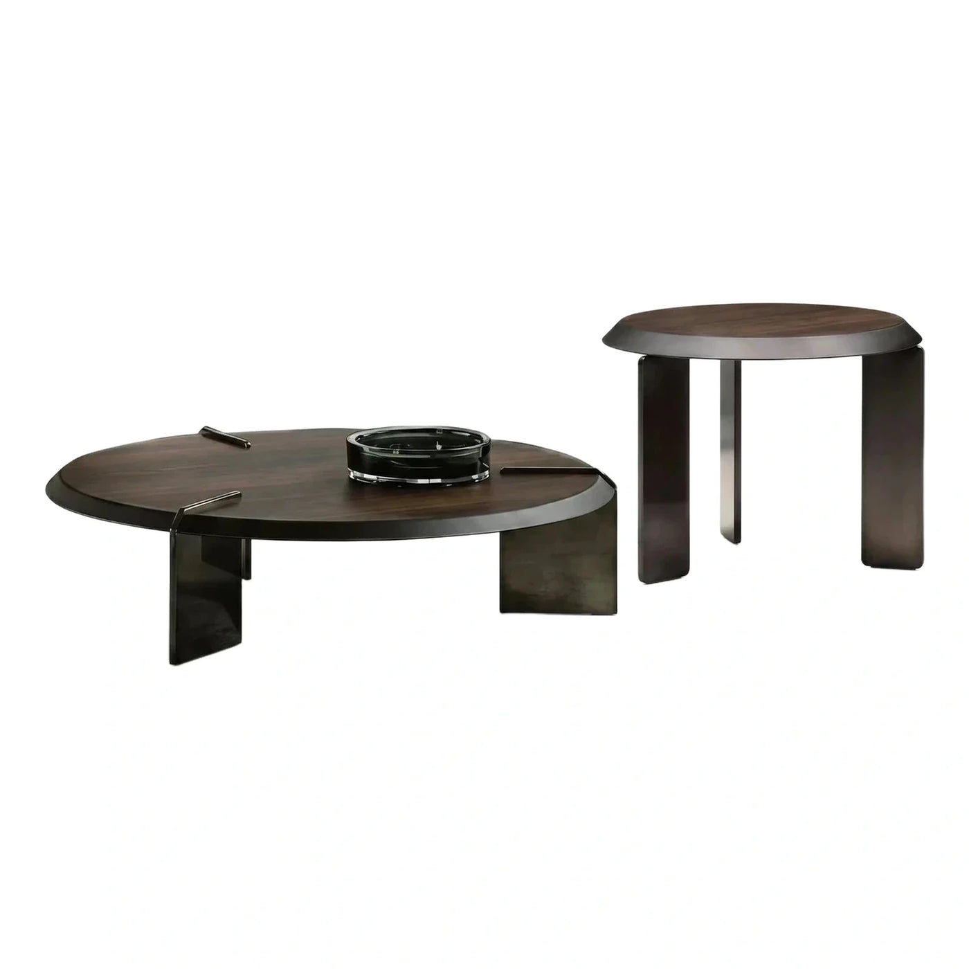 Dark Wood and Metal Oval Coffee Table Set