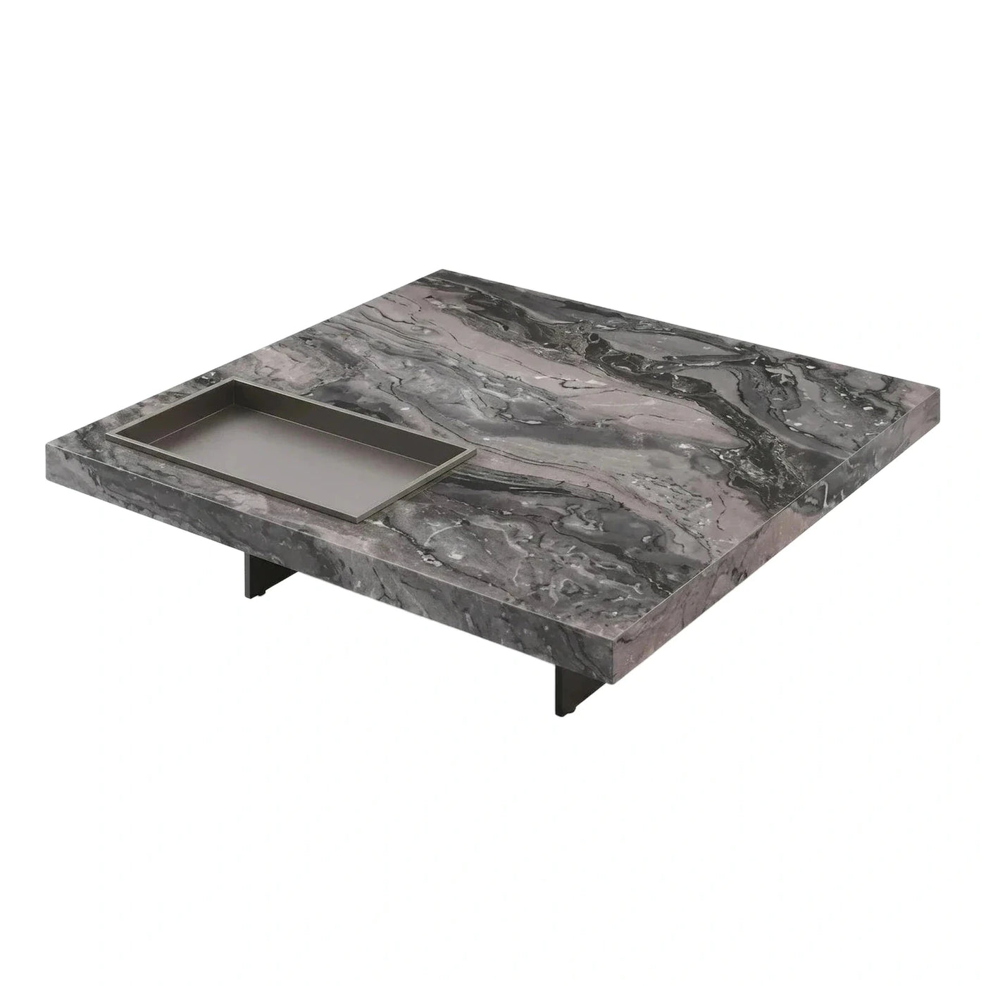 Grey Marble Coffee Table with Integrated Metal Tray