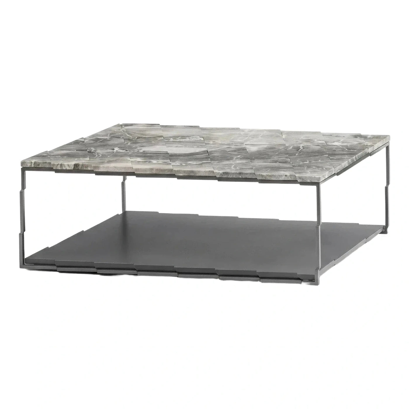 Modern Grey Marble Tile Coffee Table with Metal Shelf