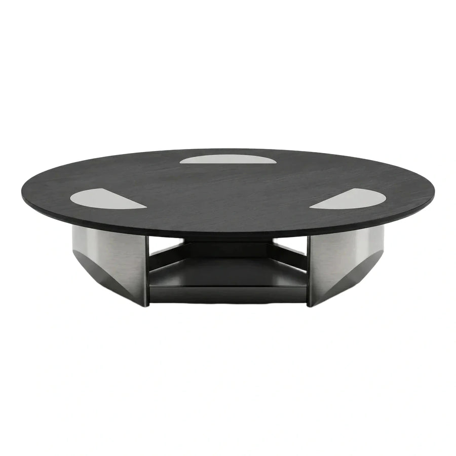 Modern Round Dark Wood Coffee Table with Metal Base