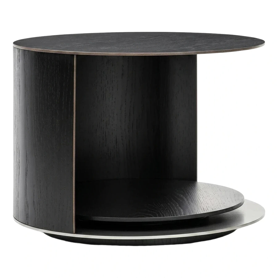 Modern Black Wood Drum Coffee Table with Metal Base