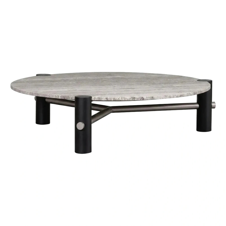 Modern Round Grey Marble Coffee Table Black Metal Base