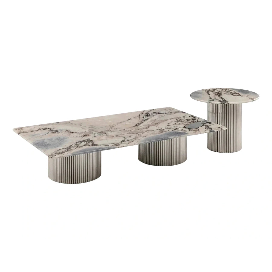 Modern Marble Coffee Table Set with Fluted Bases