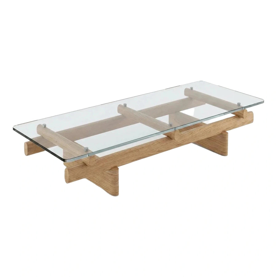 Modern Rectangular Glass Top Coffee Table with Wood Base