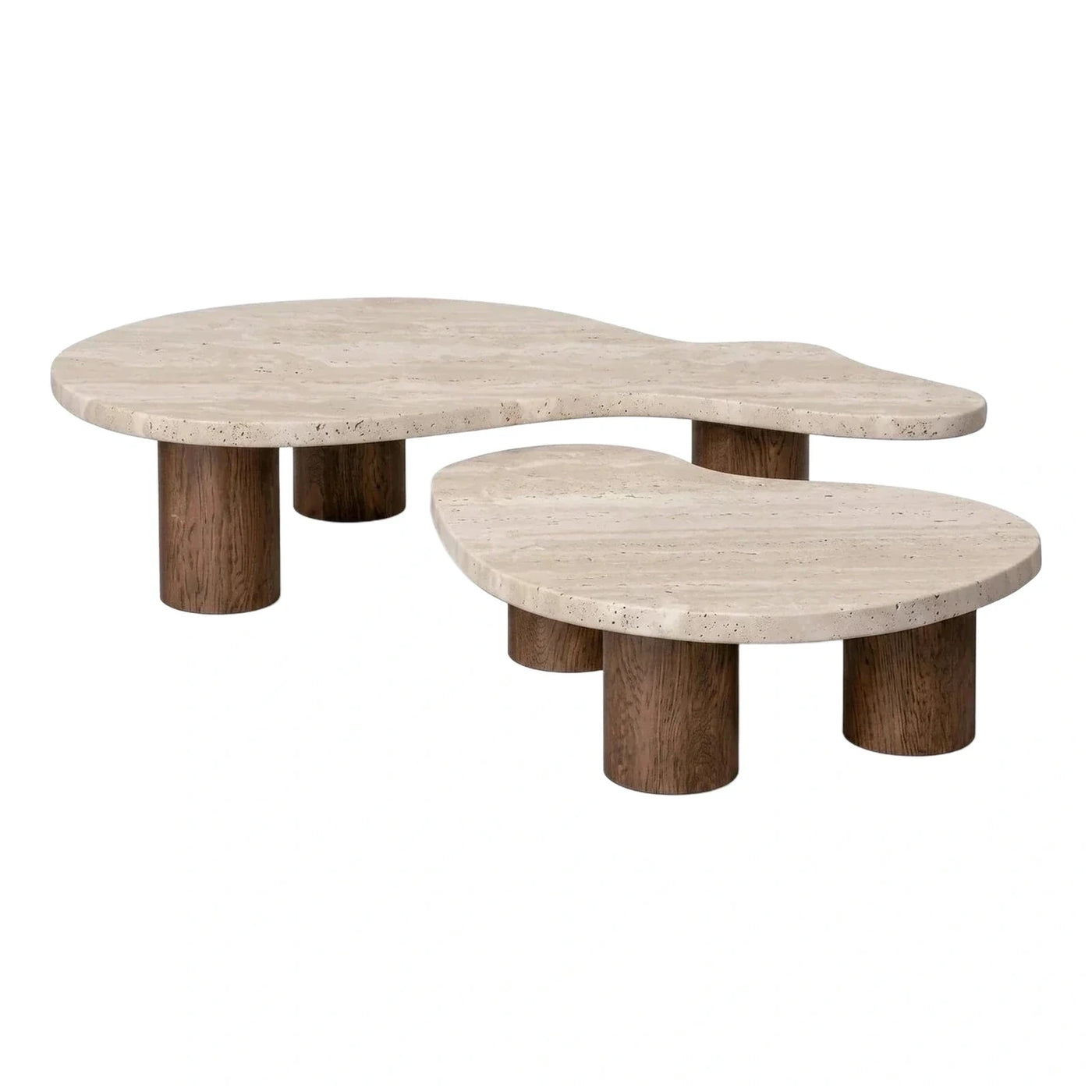 Organic Travertine Coffee Table Set with Wood Base