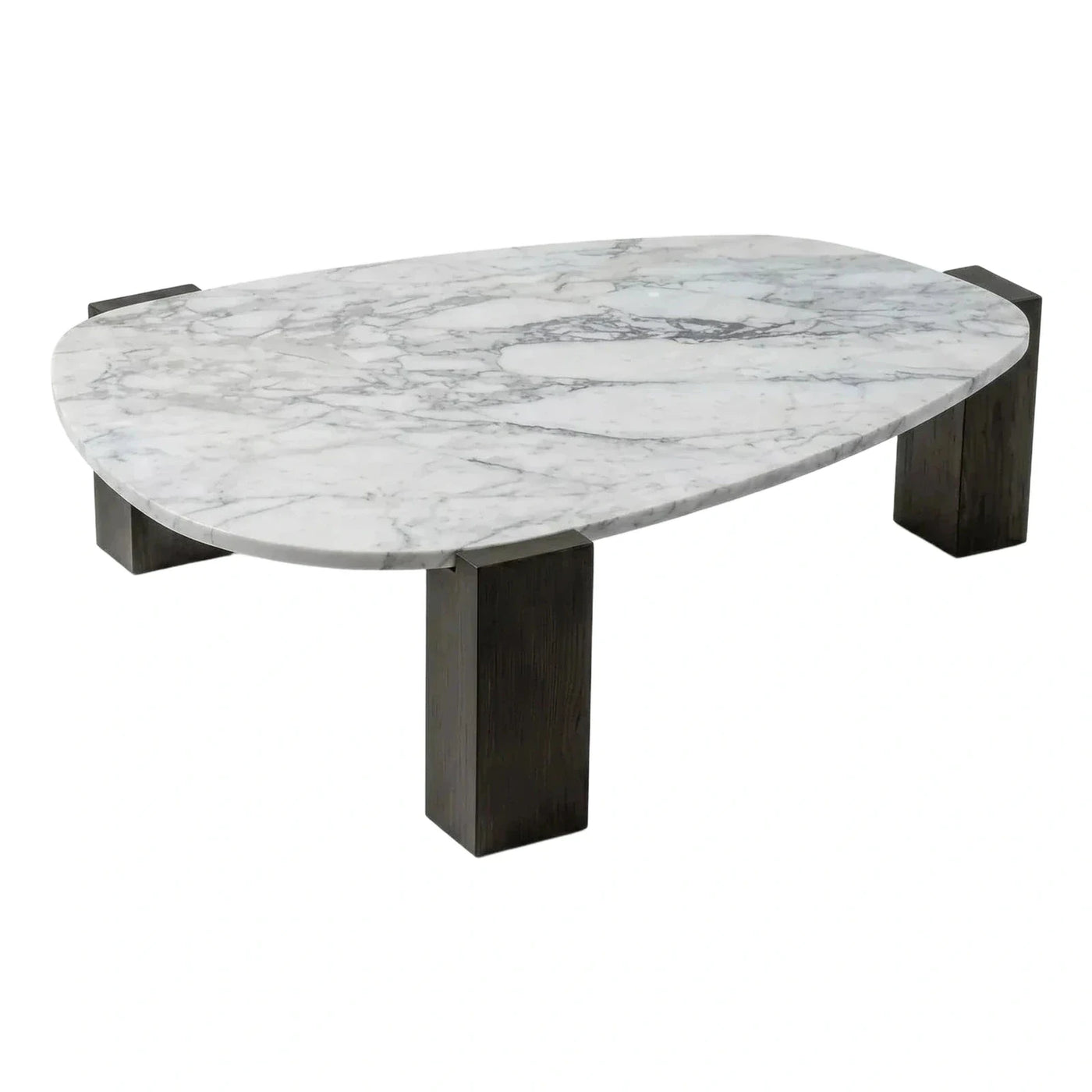 Oval Marble Coffee Table with Dark Wood Block Legs