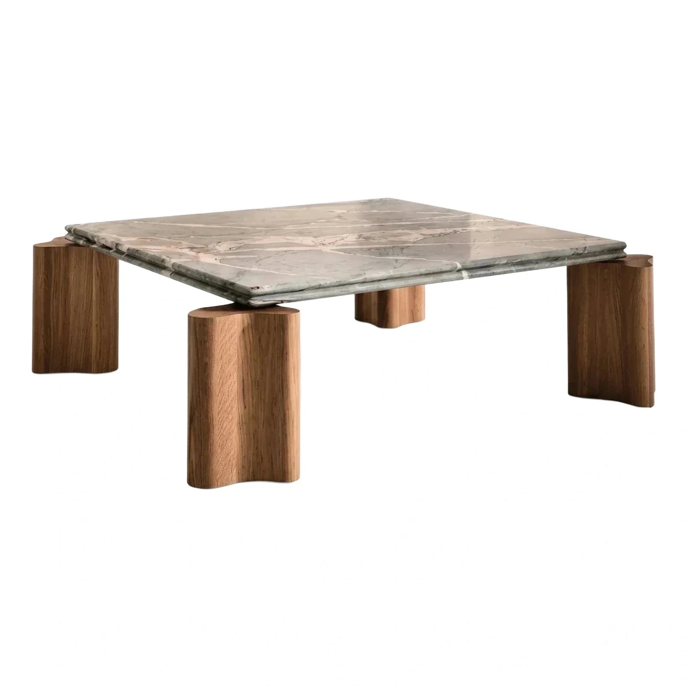 Rectangular Marble Top Coffee Table with Sculpted Wood Base