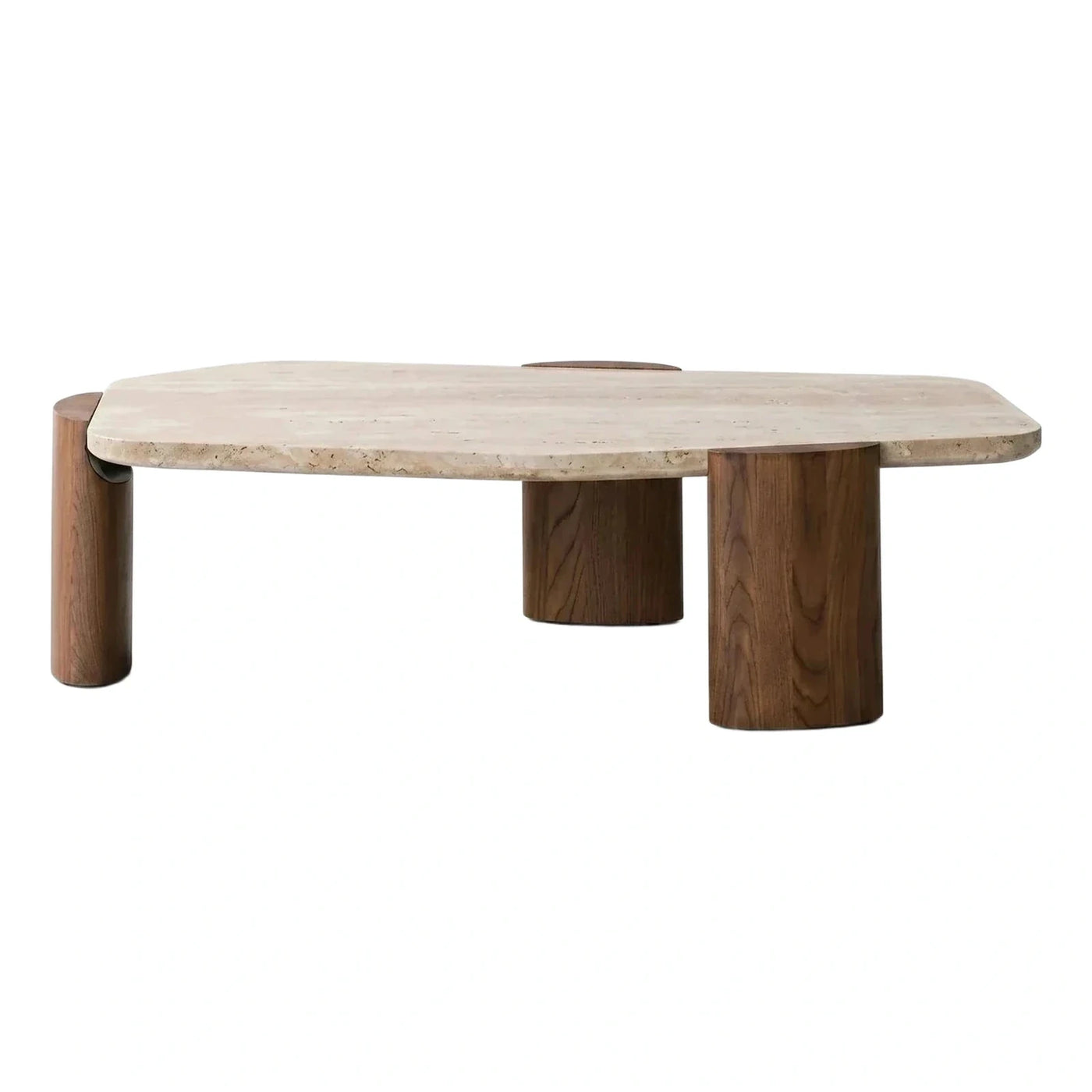 Asymmetrical Stone Coffee Table with Wood Cylinder Base