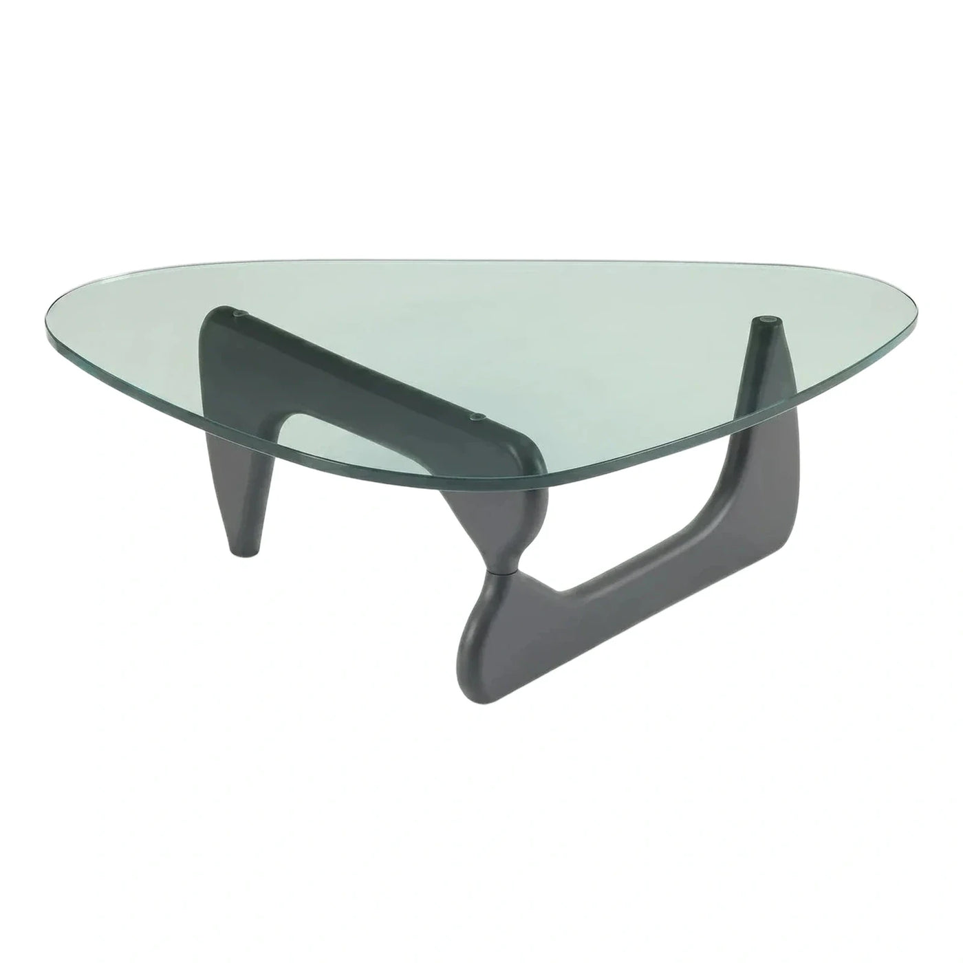 Triangular Glass Top Coffee Table with Sculptural Dark Base