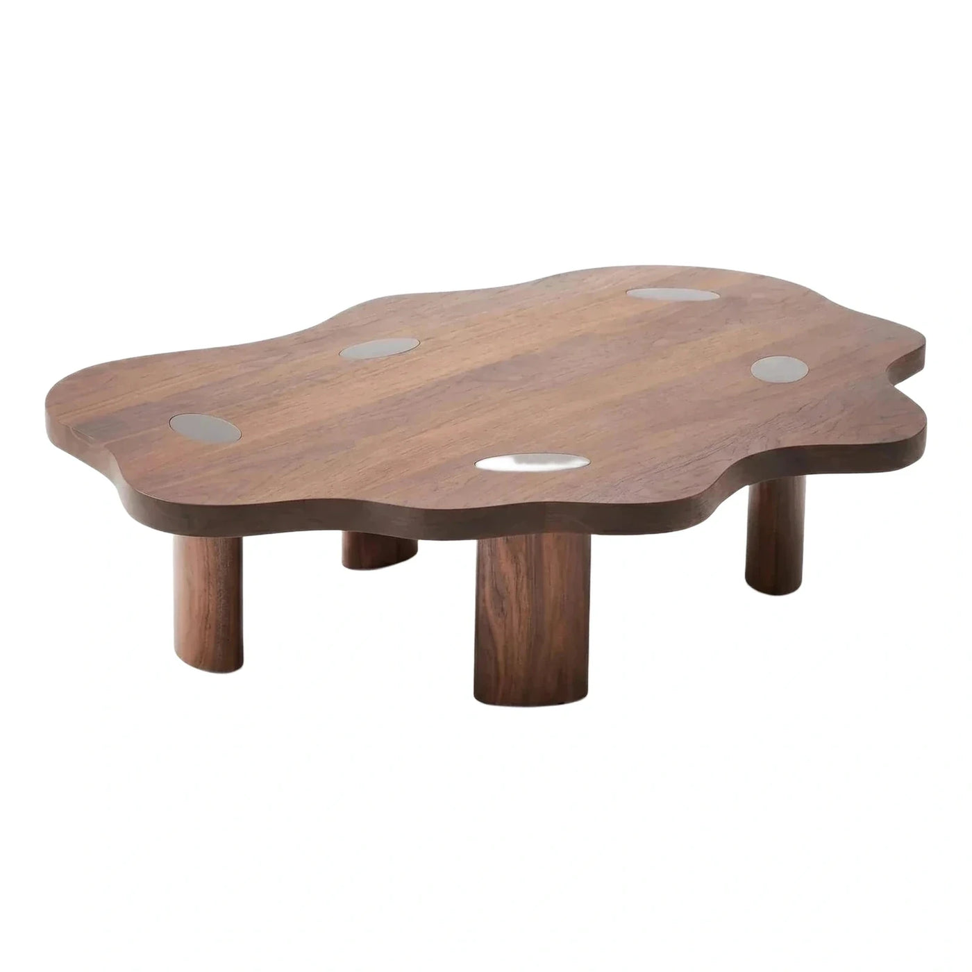 Organic Dark Wood Coffee Table with Circular Inlays