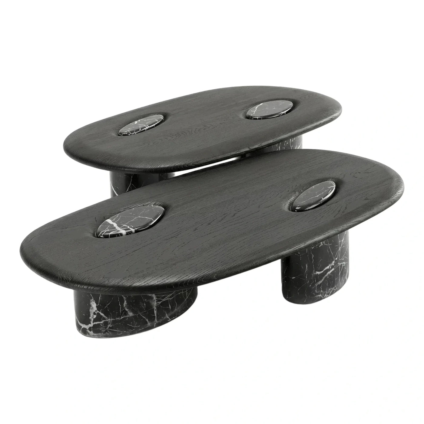 Modern Black Wood Oval Coffee Table Set with Marble