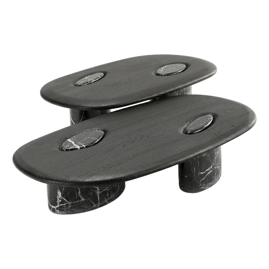 Modern Black Wood Oval Coffee Table Set with Marble