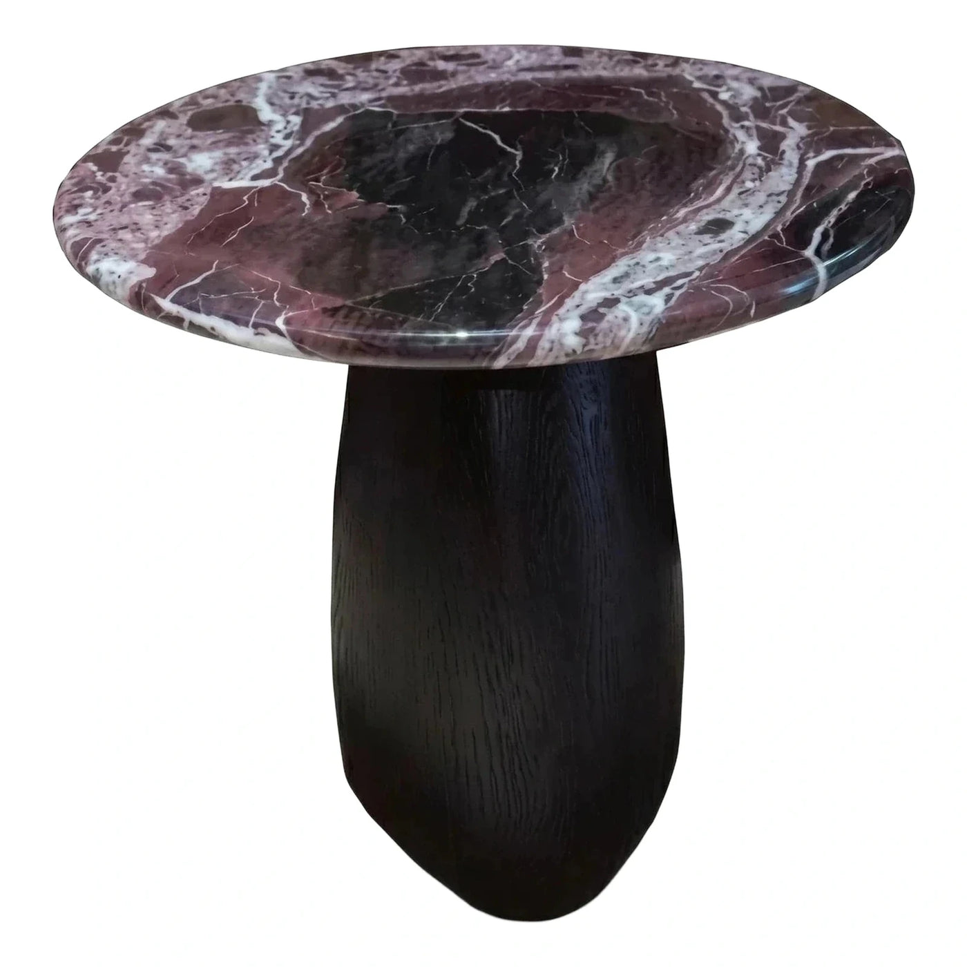 Round Red Marble Top Side Table with Dark Wood Base