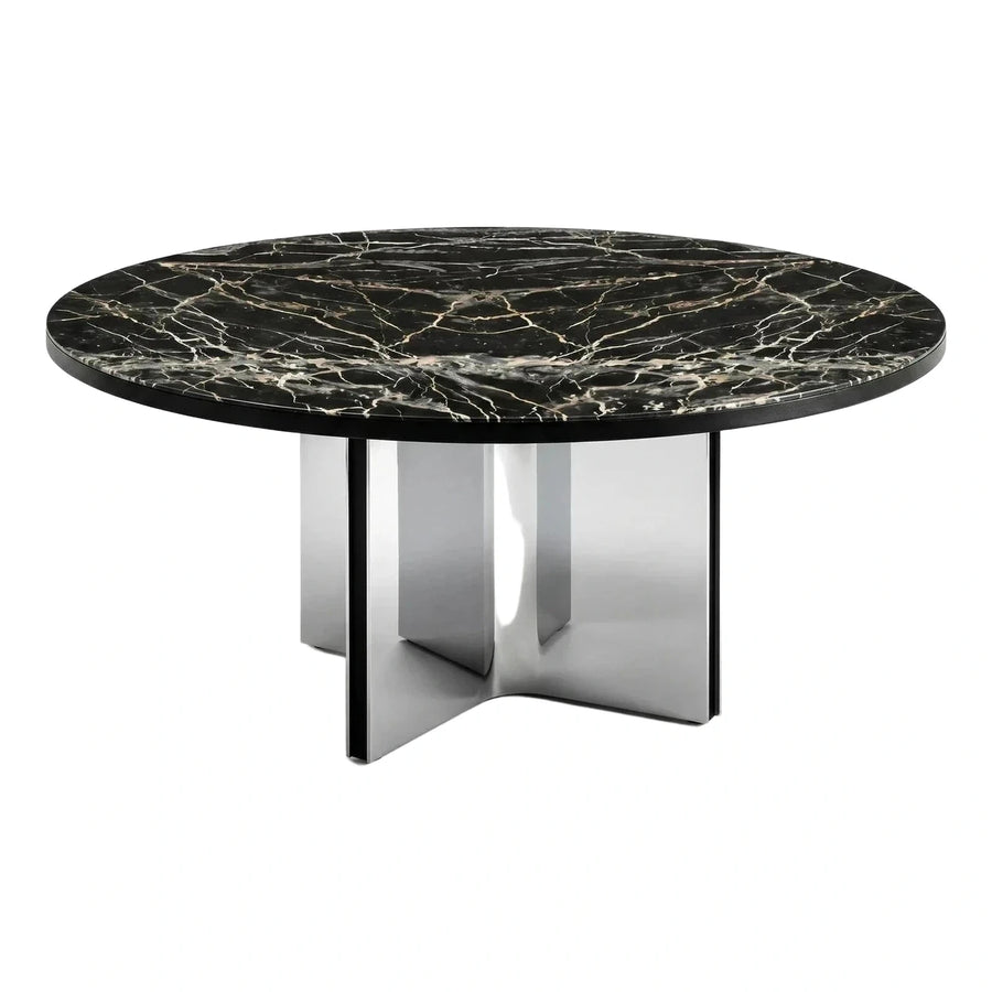 Round Black Marble Coffee Table with Polished Metal Base