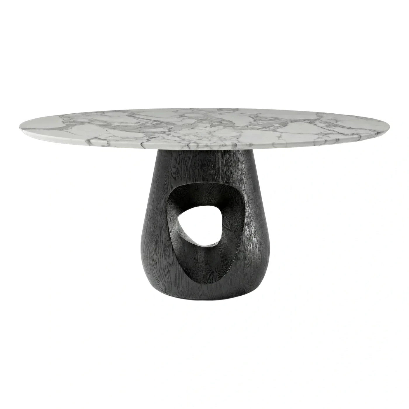 Round Marble Top Coffee Table Sculptural Black Wood Base