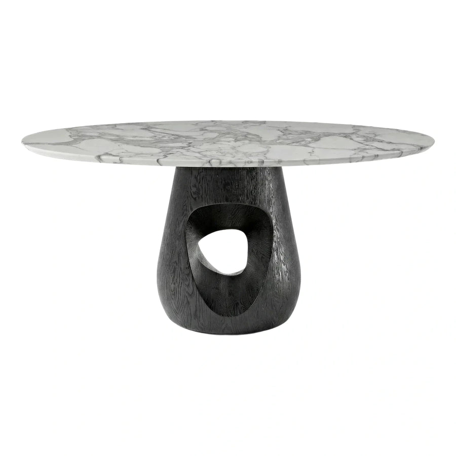 Round Marble Top Coffee Table Sculptural Black Wood Base