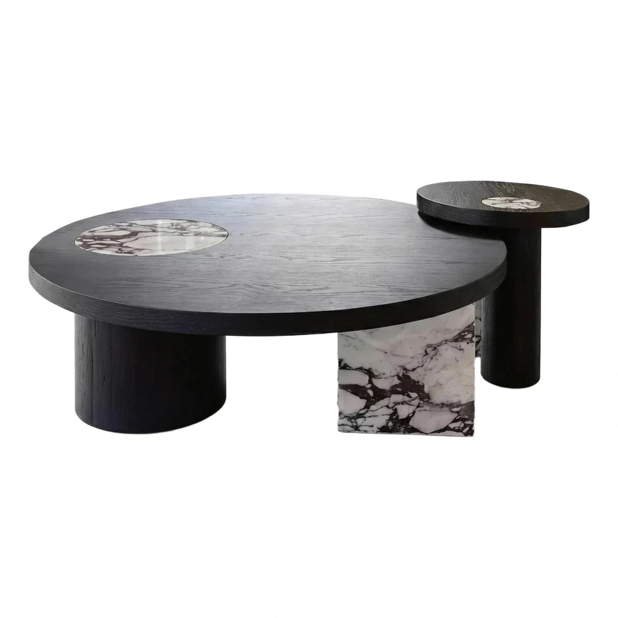 Modern Black Wood Oval Coffee Table with Marble