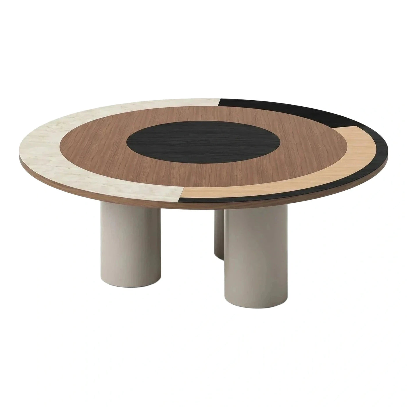Modern Round Coffee Table with Segmented Wood and Stone Top