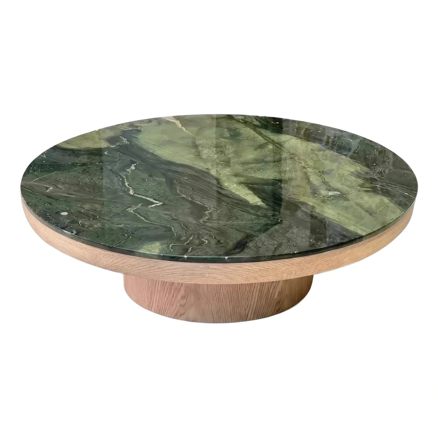 Round Green Marble Top Coffee Table with Wood Base
