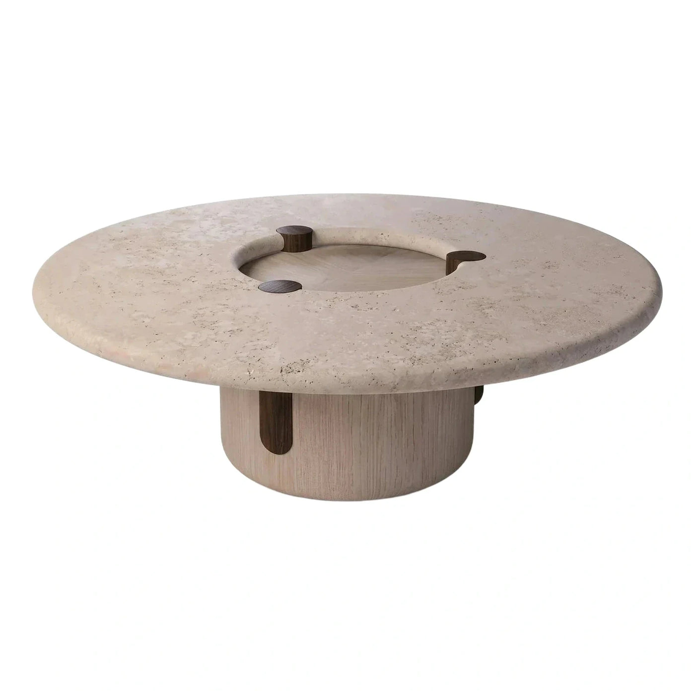 Round Travertine Coffee Table with Wood Base