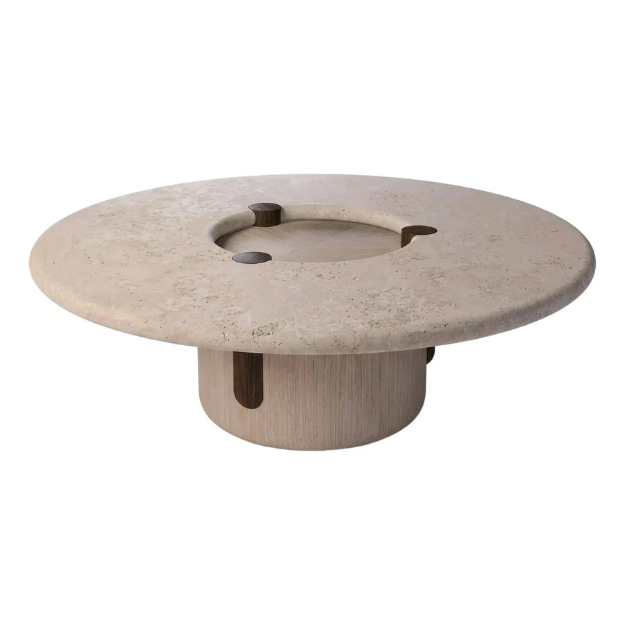 Round Travertine Coffee Table with Wood Base