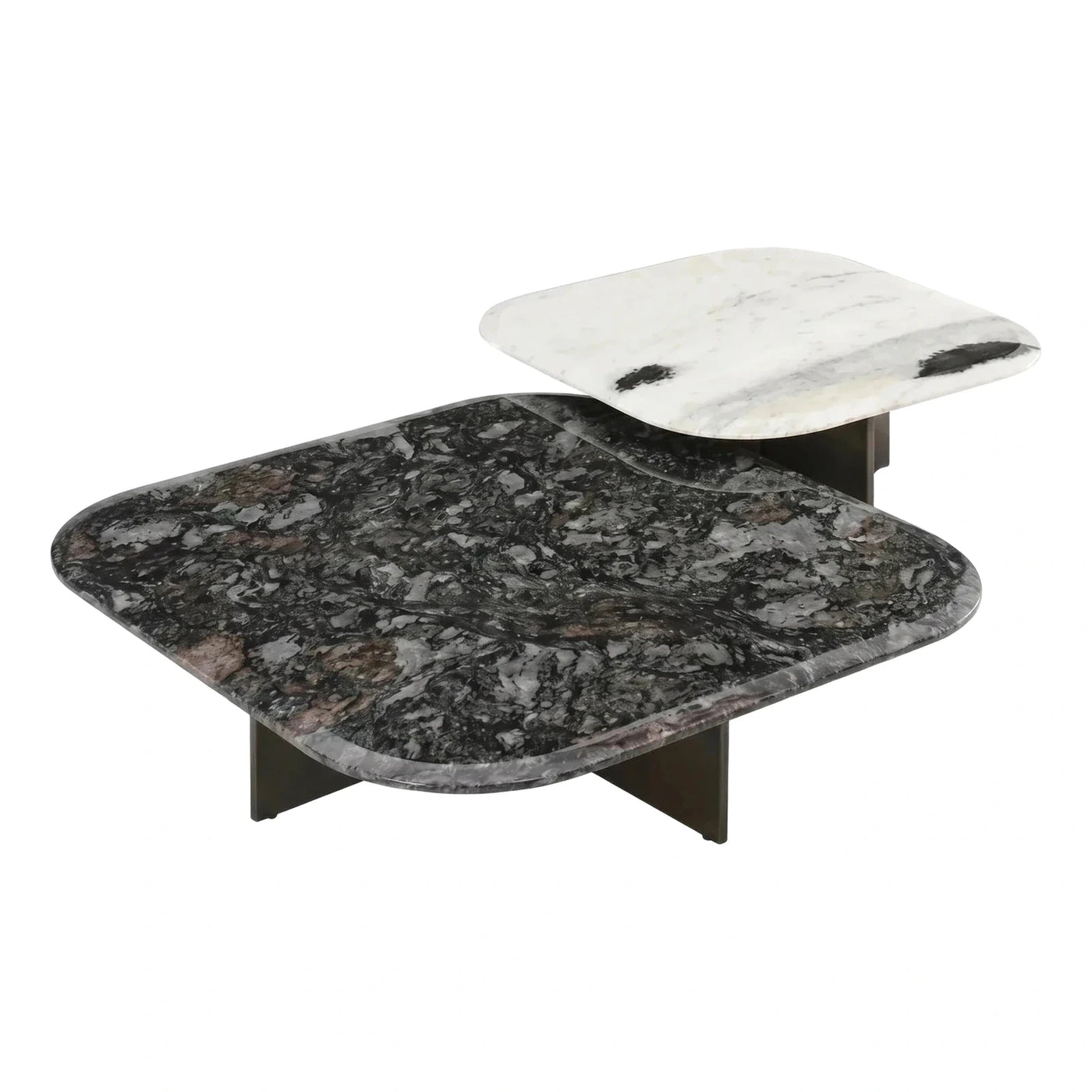 Modern Two-Tier Marble Coffee Table Black White Stone