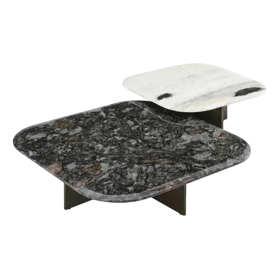 Modern Two-Tier Marble Coffee Table Black White Stone