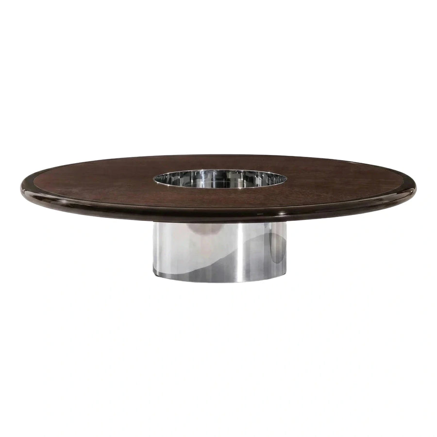 Modern Round Dark Wood Coffee Table with Chrome Base