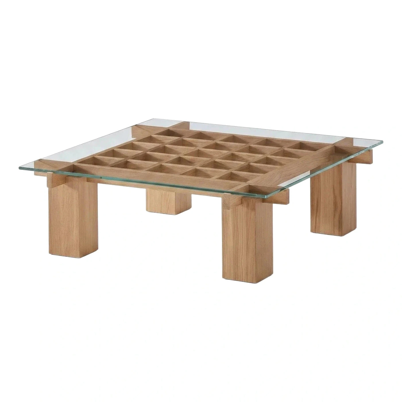 Modern Wooden Grid Base Coffee Table with Glass Top