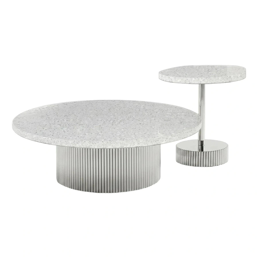 Modern White Terrazzo Round Coffee and Side Table Set