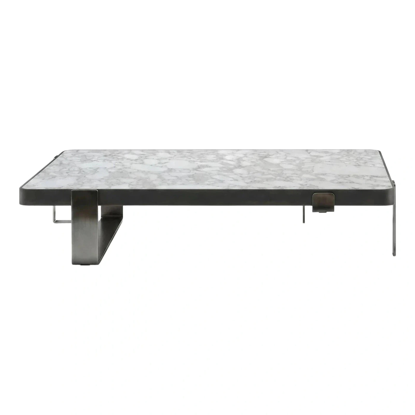 Rectangular White Marble Coffee Table with Dark Metal Base