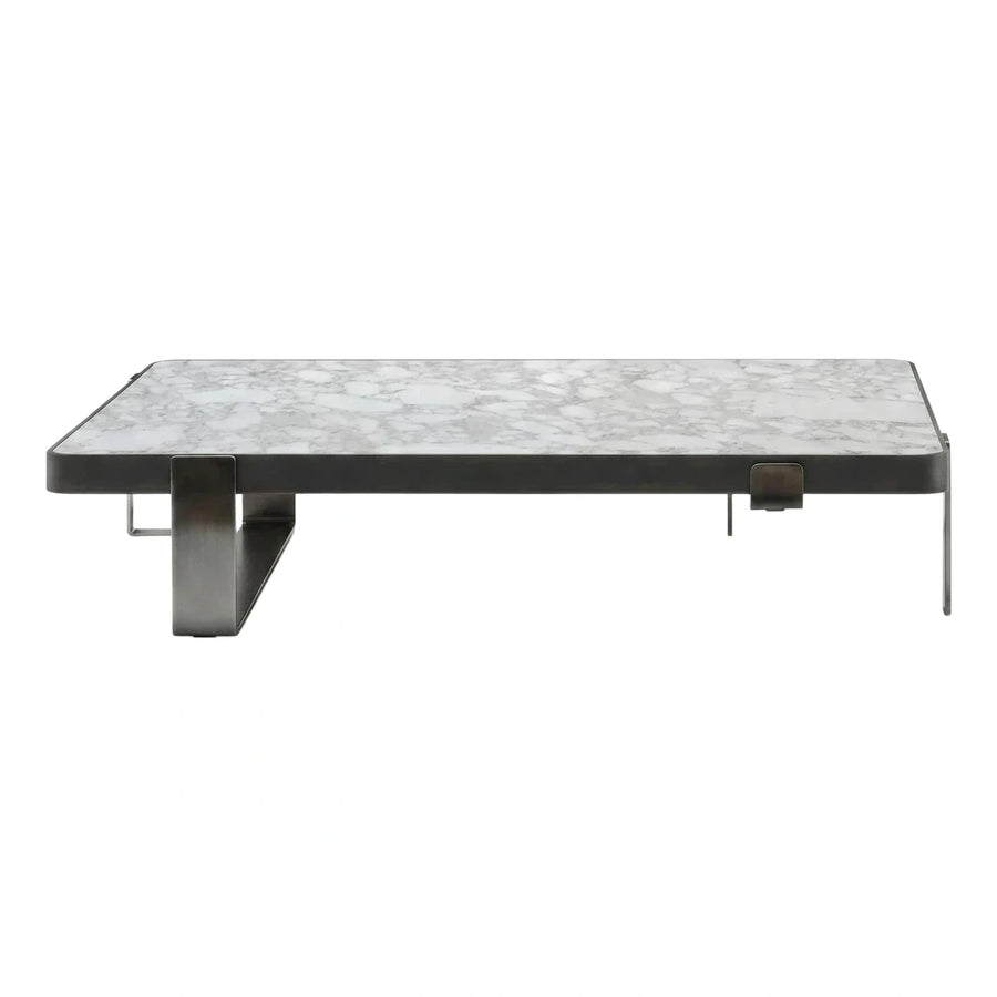 Rectangular White Marble Coffee Table with Dark Metal Base