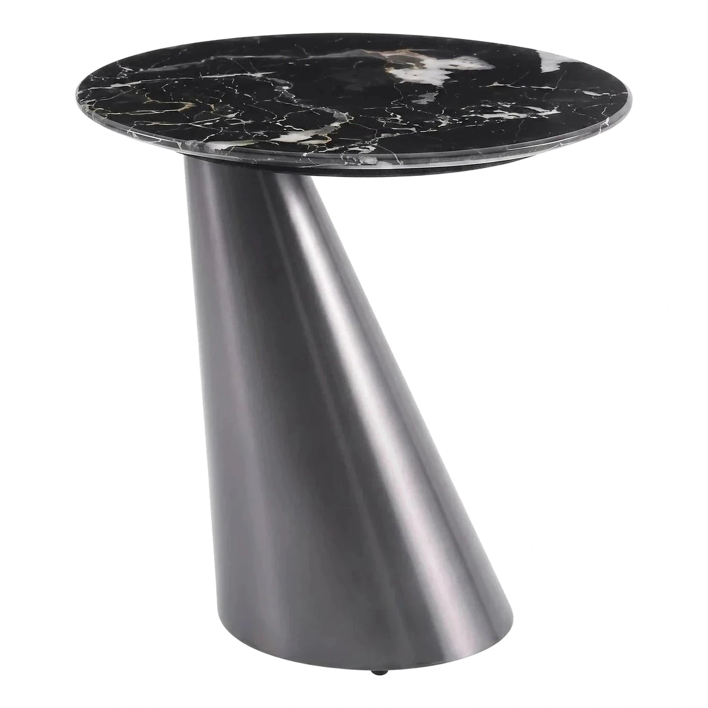 Modern Black Marble Round Side Table with Angled Cone Base