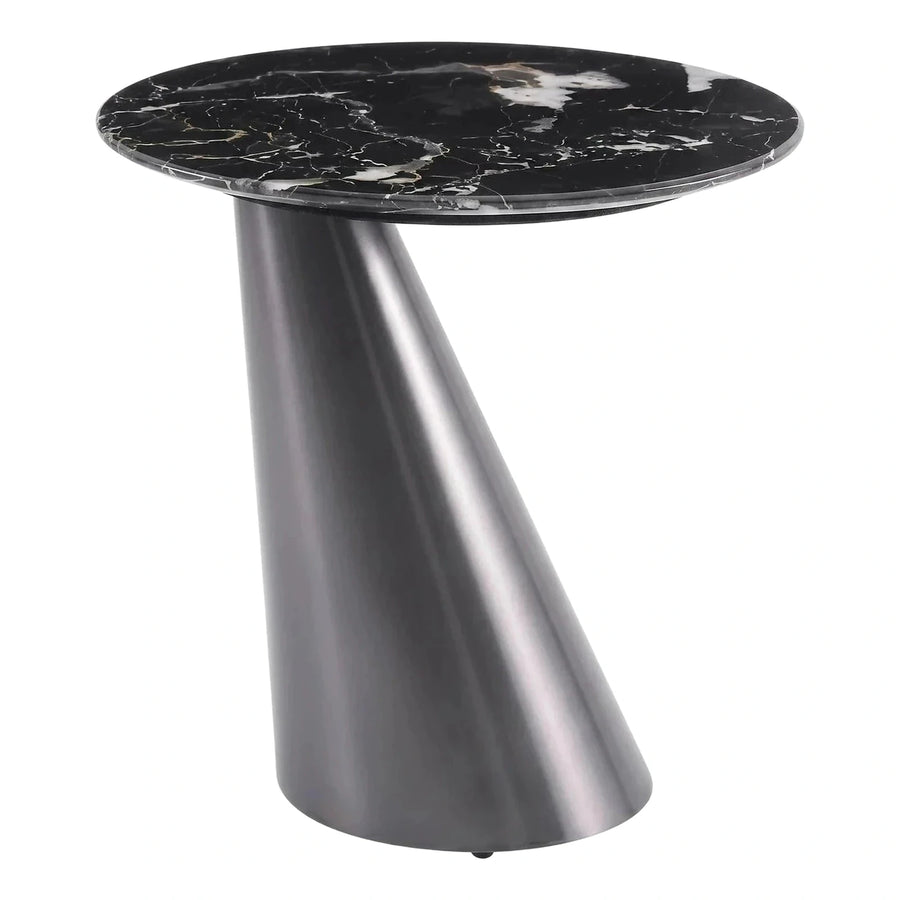 Modern Black Marble Round Side Table with Angled Cone Base