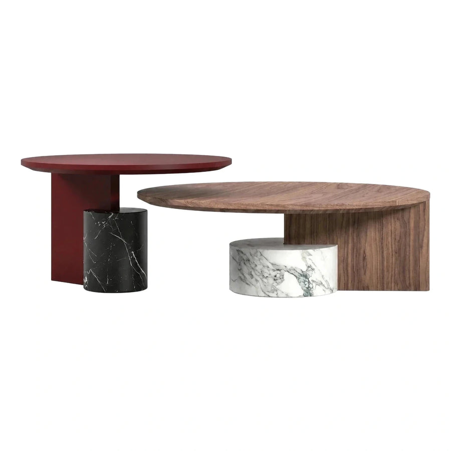Modern Round Wood and Marble Coffee Table Set