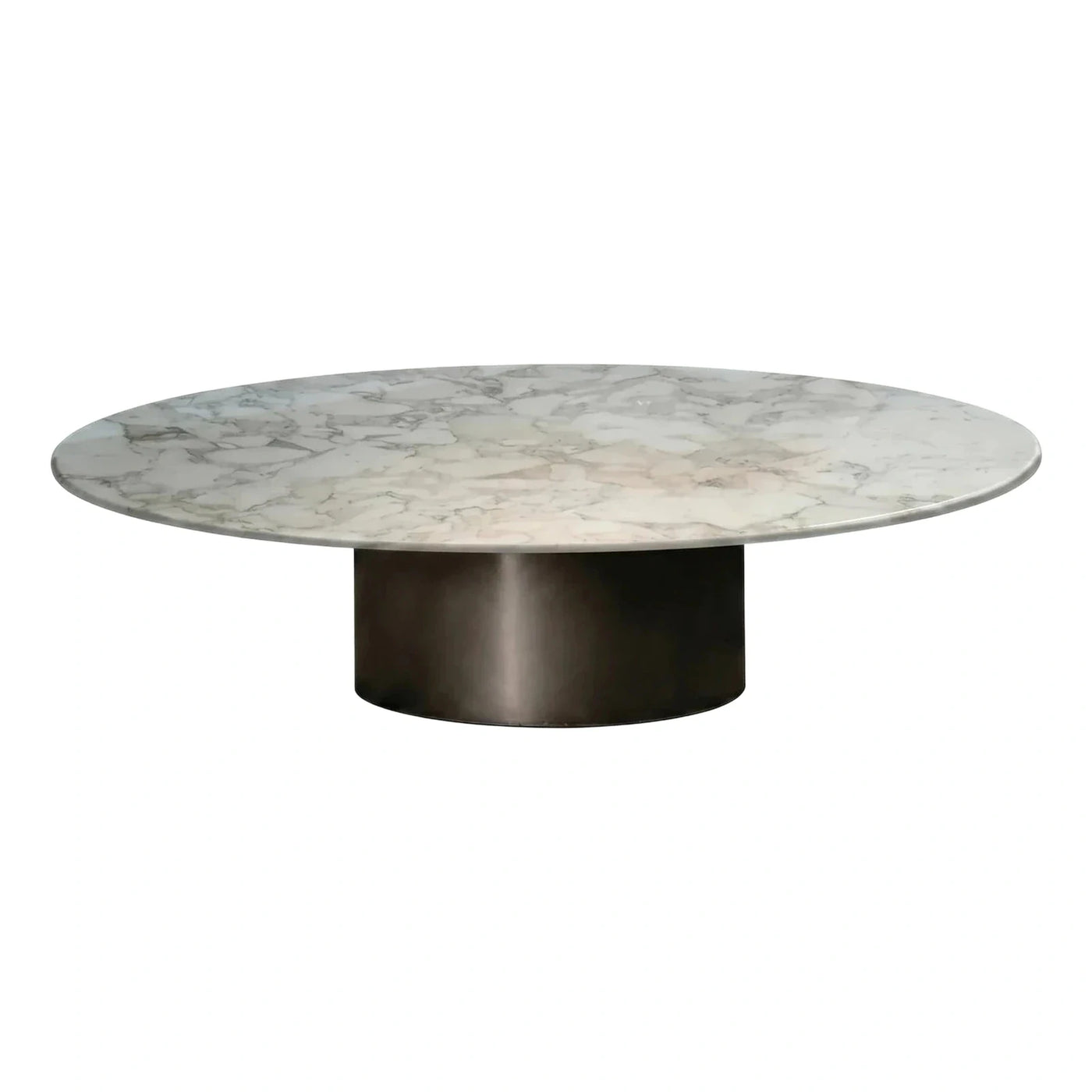 Round Marble Coffee Table with Dark Metal Cylinder Base