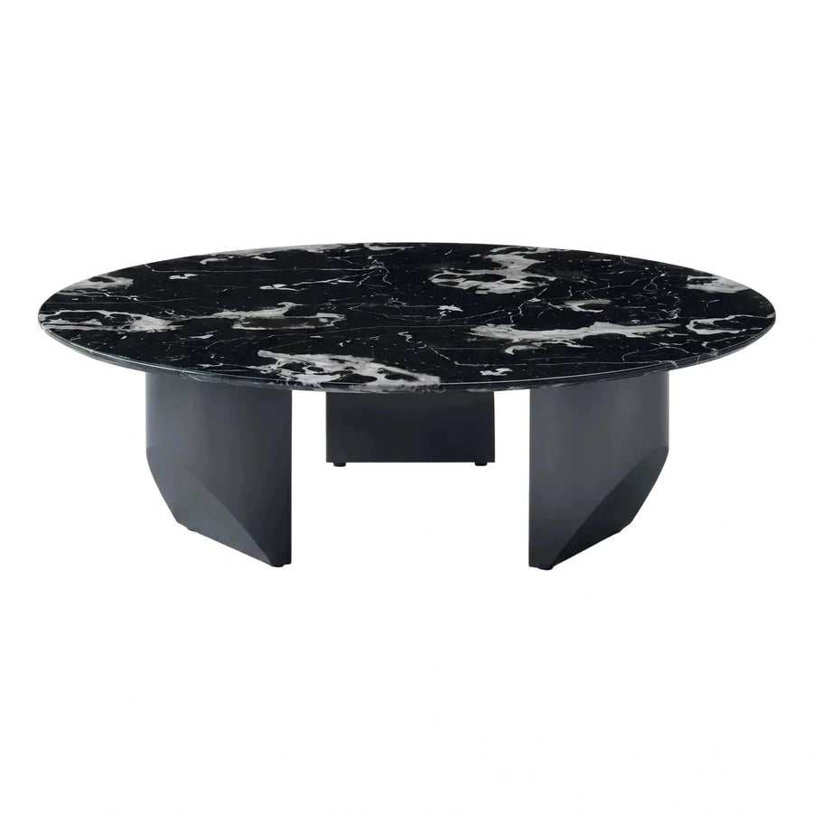 Modern Black Marble Round Coffee Table Sculptural Base