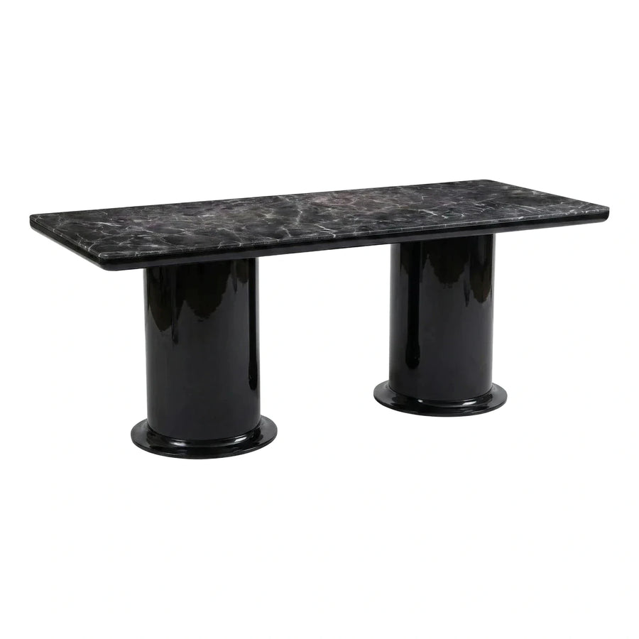 Black Marble Rectangular Dining Table With Glossy Pedestal Base