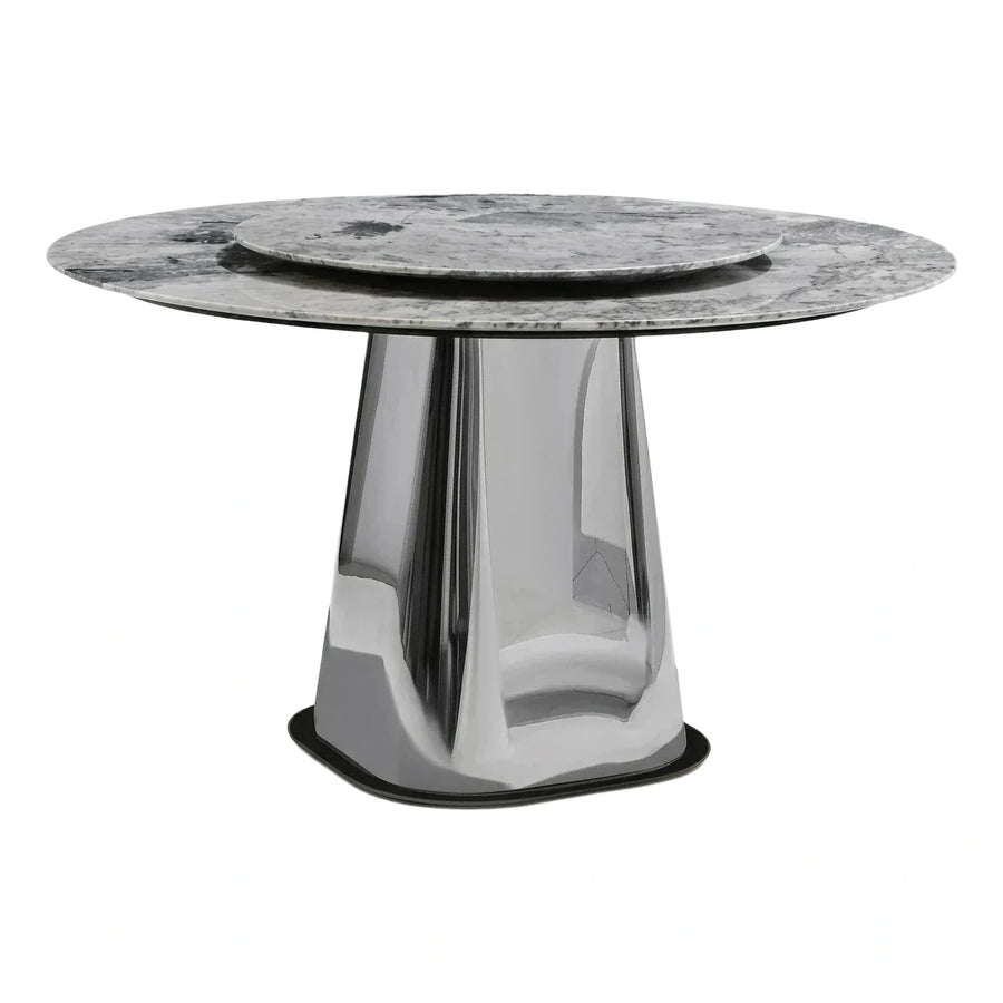 Round Marble Dining Table With Sculptural Polished Metal Base