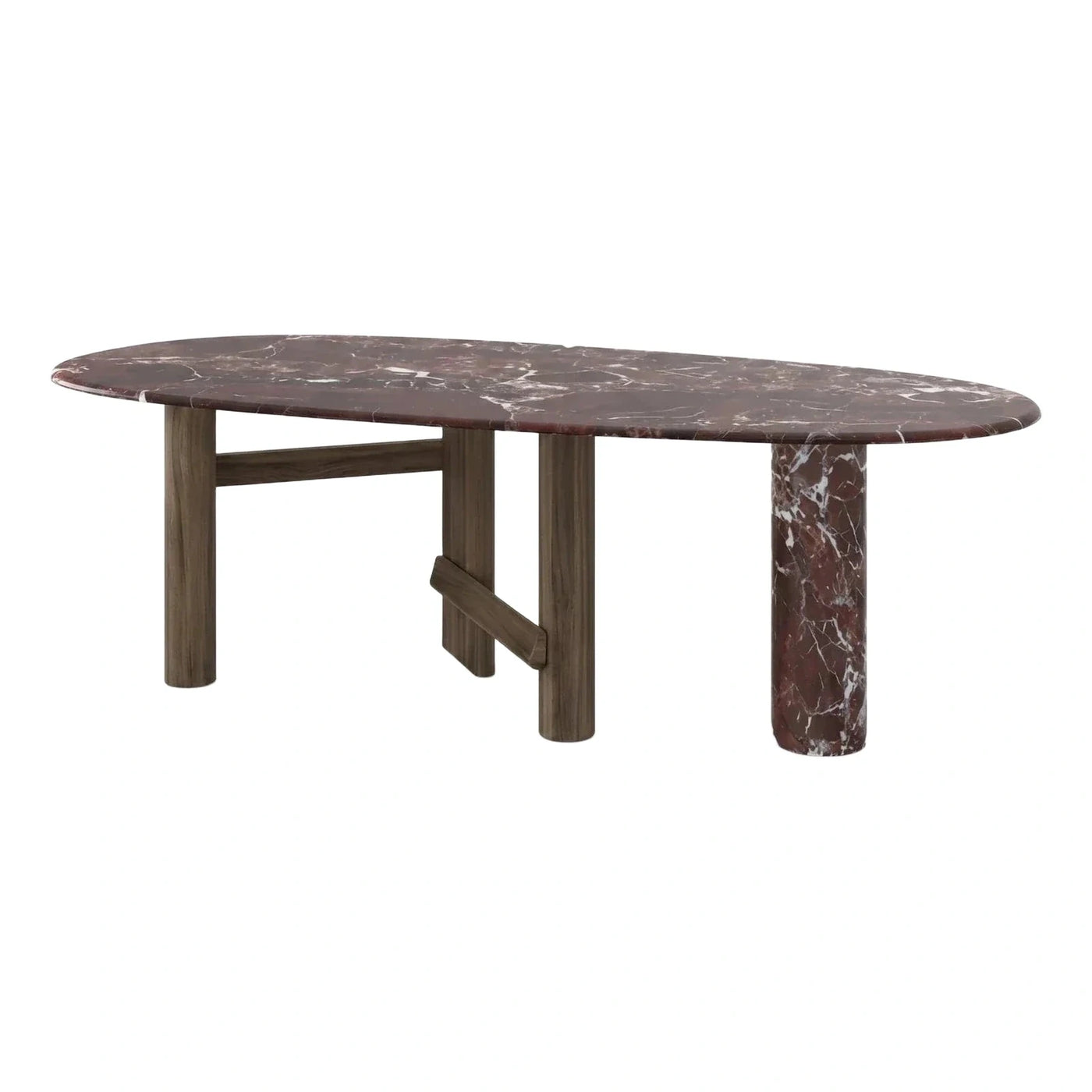 Oval Red Marble Dining Table Wooden Base