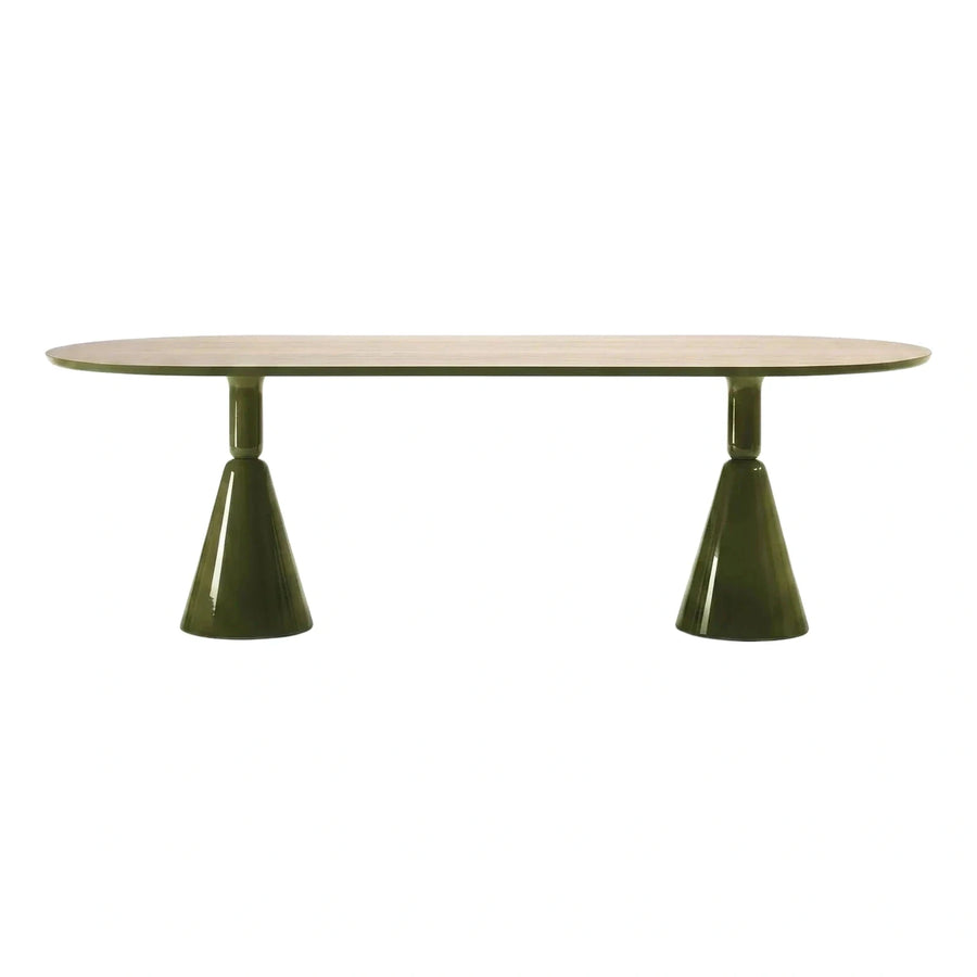 Oval Dining Table with Glossy Green Conical Base