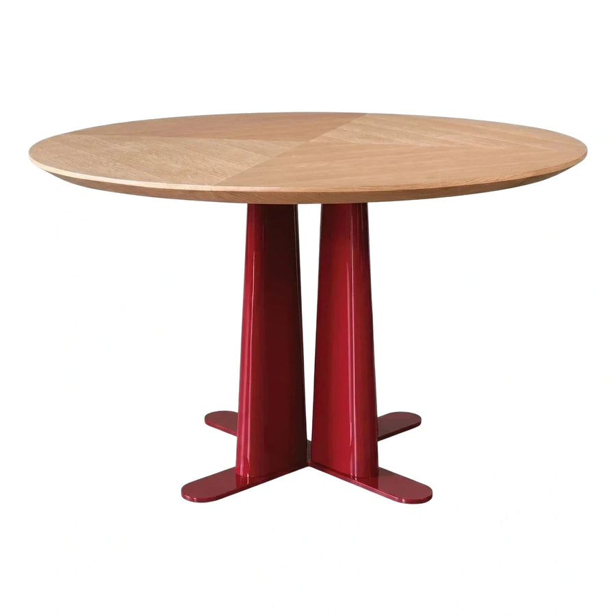 Round Wood Table with Glossy Red Double Pedestal Base