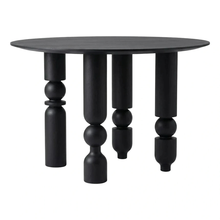 Black Round Dining Table with Turned Wood Legs