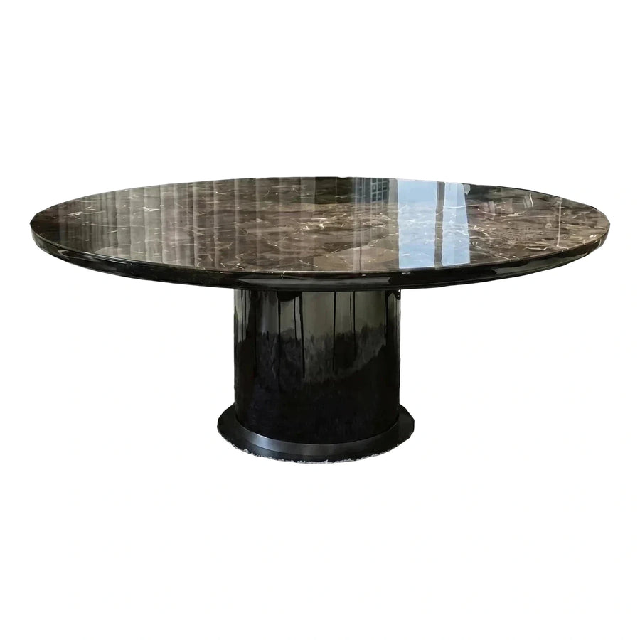 Round Polished Stone Dining Table With Black Pedestal Base