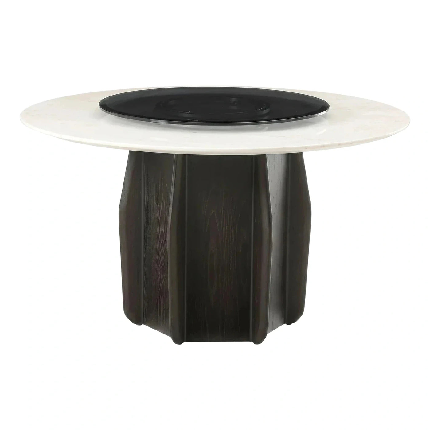 Round White Stone Dining Table with Dark Wood Base