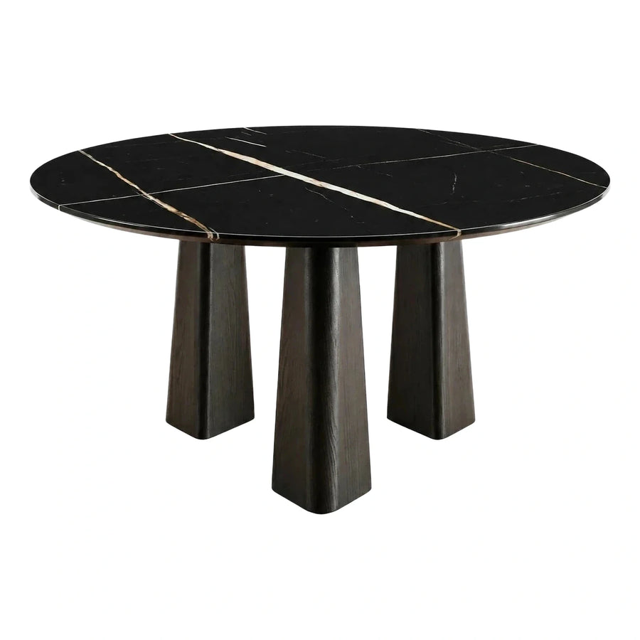 Round Black Marble Dining Table with Dark Wood Base